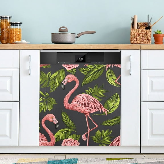Flamingo Leaves Rose Dishwasher Magnet Cover Magnetic Fridge Door Cover Home Kitchen Decor 23"x 26"