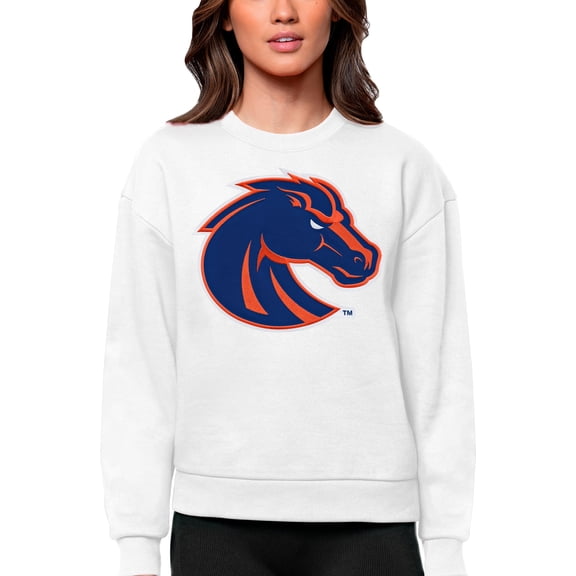 Women's Antigua White Boise State Broncos Victory Crewneck Pullover Sweatshirt