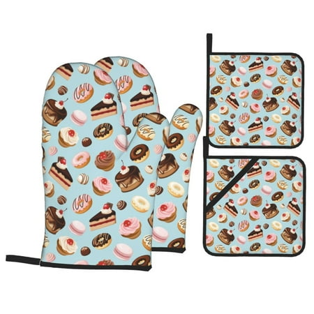 

Oven Mitts and Pot Holders 4 Piece Donut cake Print High Heat Slip Resistant Oven Mitt and Trivets Set Kitchen Oven Glove Pot Holders for Cooking Baking Grilling