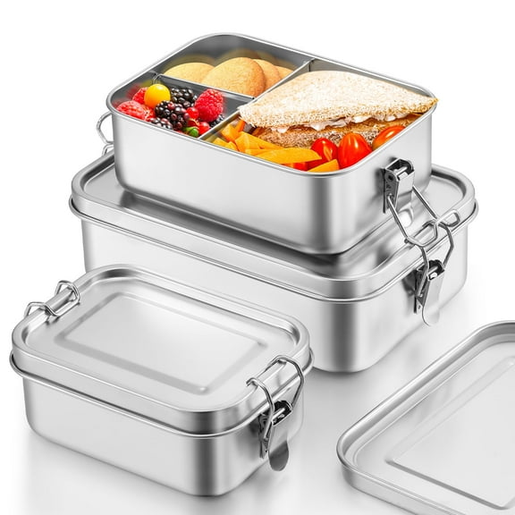 Vesteel Bento Box Set of 3 (47oz /29oz /18.6oz), Stainless Steel Lunch Box Metal Food Storage Container with Removable Dividers, Portable & Leak-Proof Meal Prep Container with 3 Compartment
