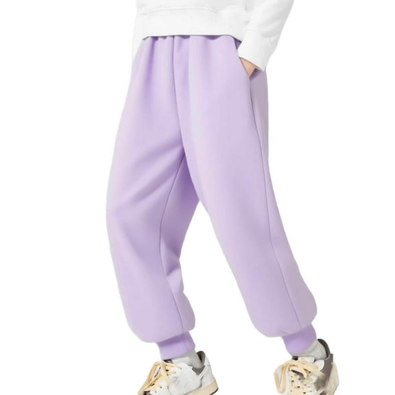 Lenpel Girls Boys' Sweatpants Unisex Children Cotton Elastic Waist Pull on Fleece Athletic Pants Baggy Active Joggers with Pockets(Purple,12-13 Years)