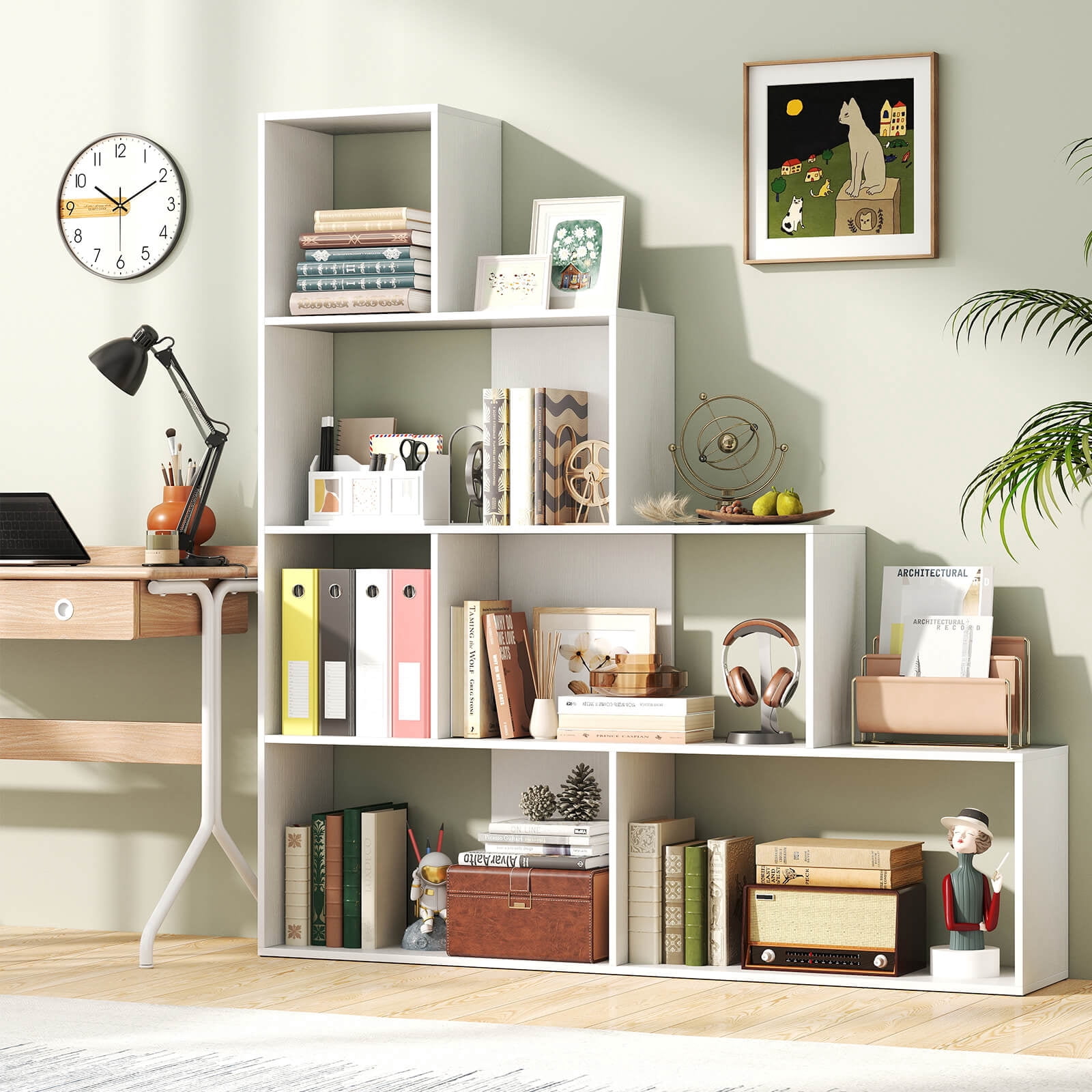 Costway 1 PCS 4-Tier Bookshelf with 6 Storage Cubes 64" Tall Modern Geometric Stair Bookcase
