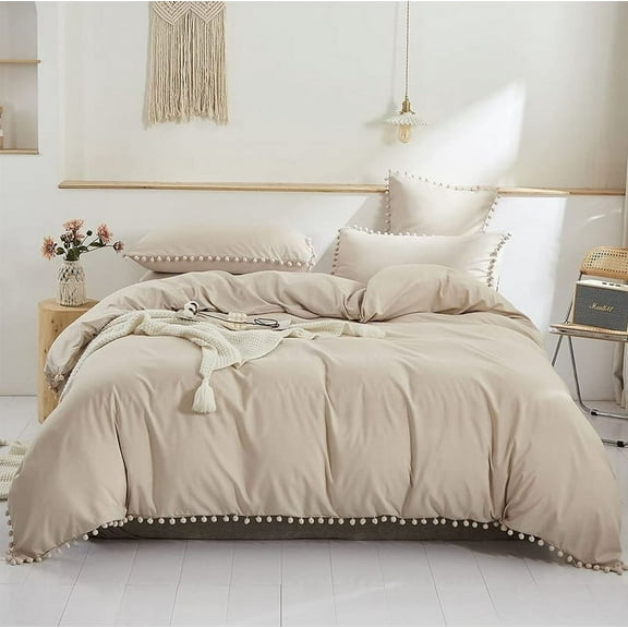 Pavish Export Pom Pom Duvet Cover In Beige Color 100% Cotton Bedding Duvet Cover Set With 2 Pillow Case Bohemian Bedding Duvet Cover Set Twin
