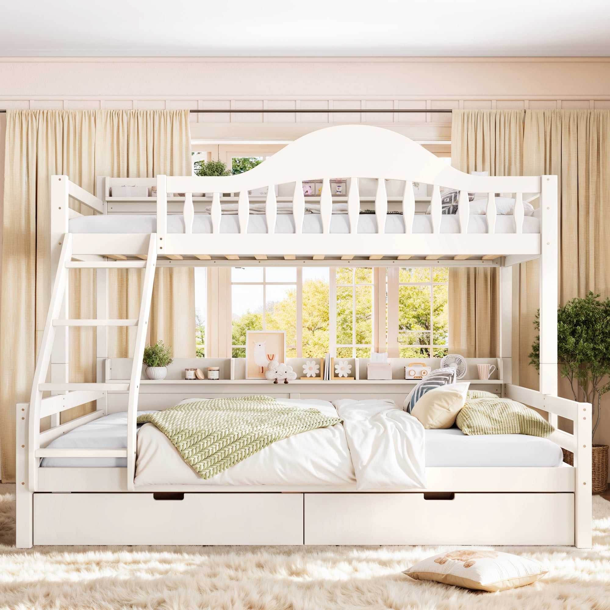 Leumius Twin XL over Queen Bunk Bed with Storage Drawers, Chic Curved Guardrail & Side Storage Shelves, Bunk Bed Frame with Ladder Beige
