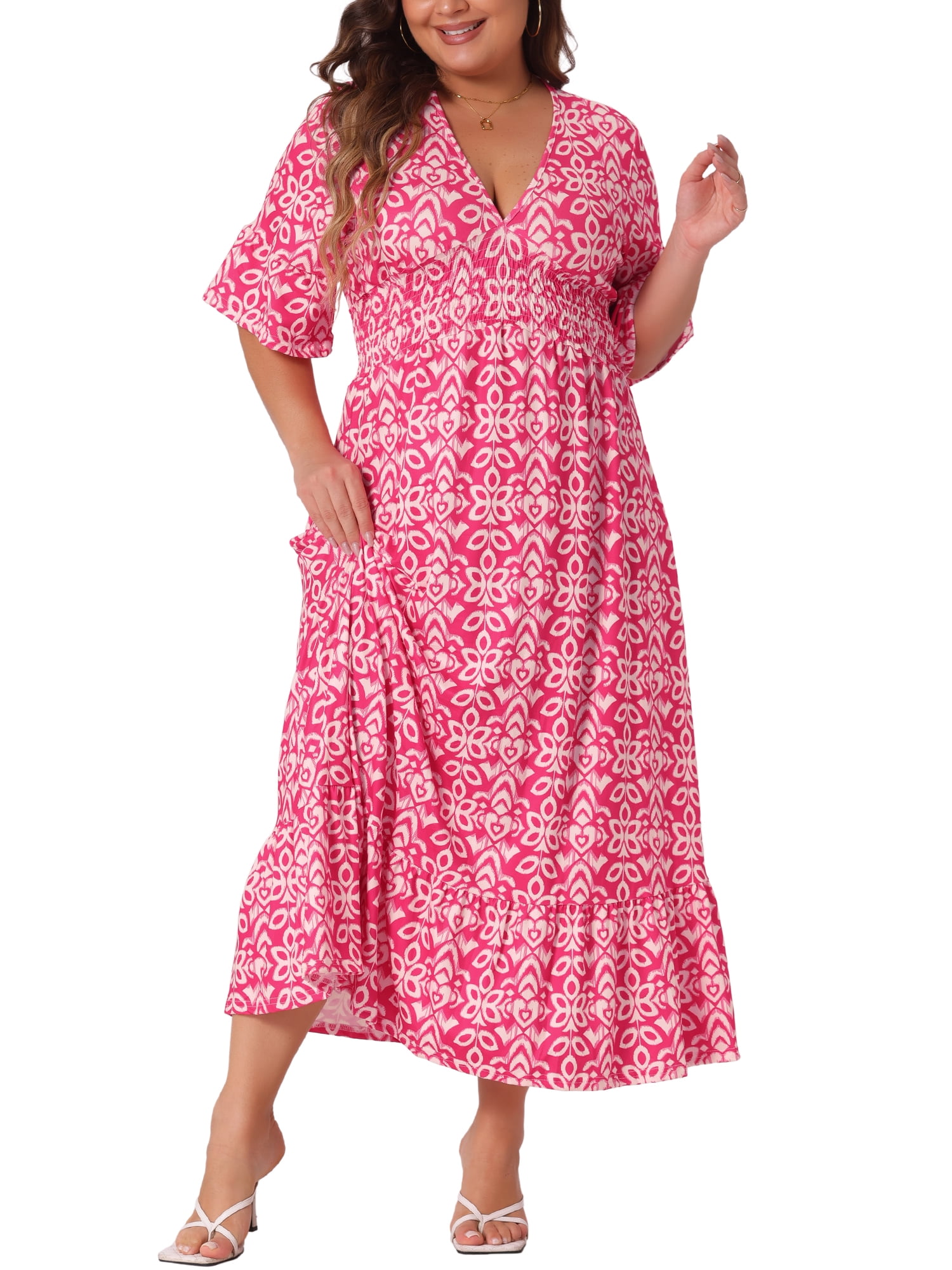 DARING DIVA Plus Size Bell Sleeve Ruffled Hem Boho A Line Long Dress 2X Hot Pink