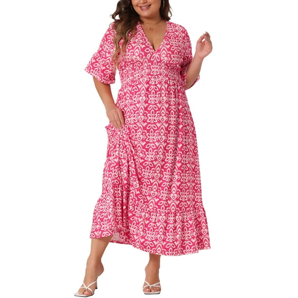 Vestido largo A línea bohemio de media manga en V para mujeres de tallas grandes GRACE & GRANDEUR 1X color rosa intenso
