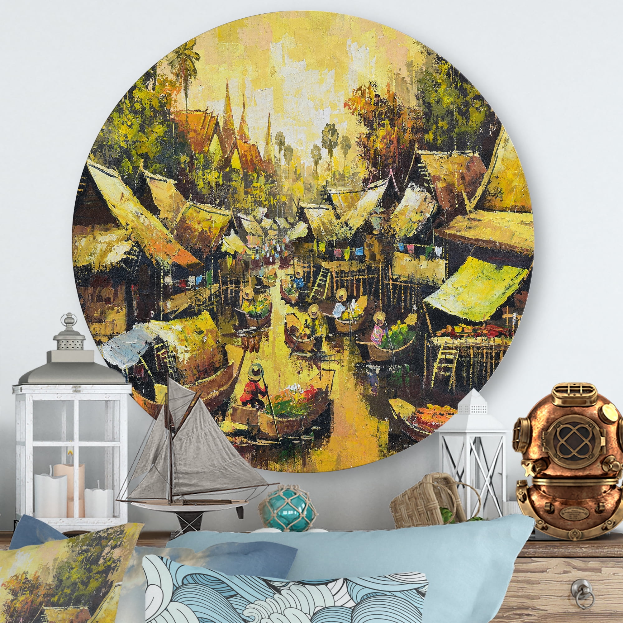 Designart 'Ancient Waterside Life II' Traditional Circle Metal Wall Art 23x23 - Disc of 23