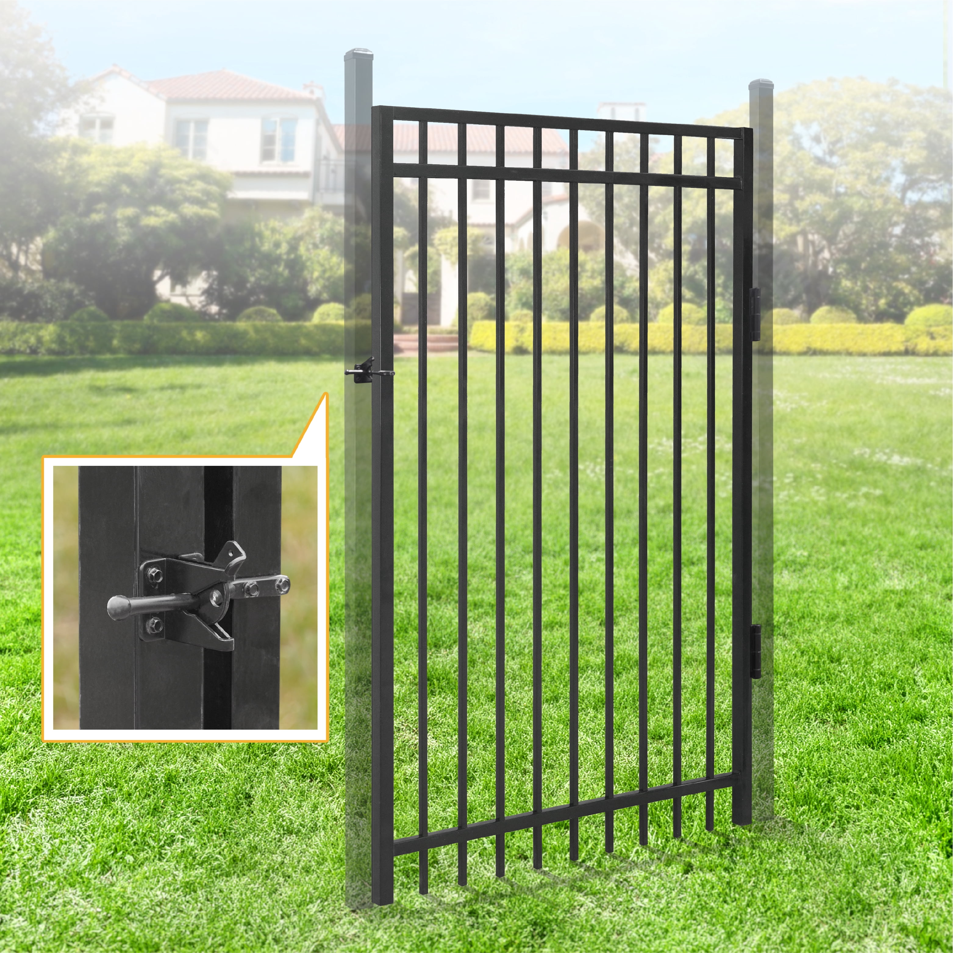 Fencer Wire Heavy Duty Flat Top Fence Gate, 6FT Height x 4FT Width Outdoor Fence Gate, Outdoor Anti-Rust Metal Steel Gate for Fencing Barrier, Decorative Garden Gate for Residential, Yard, Pool,Patio