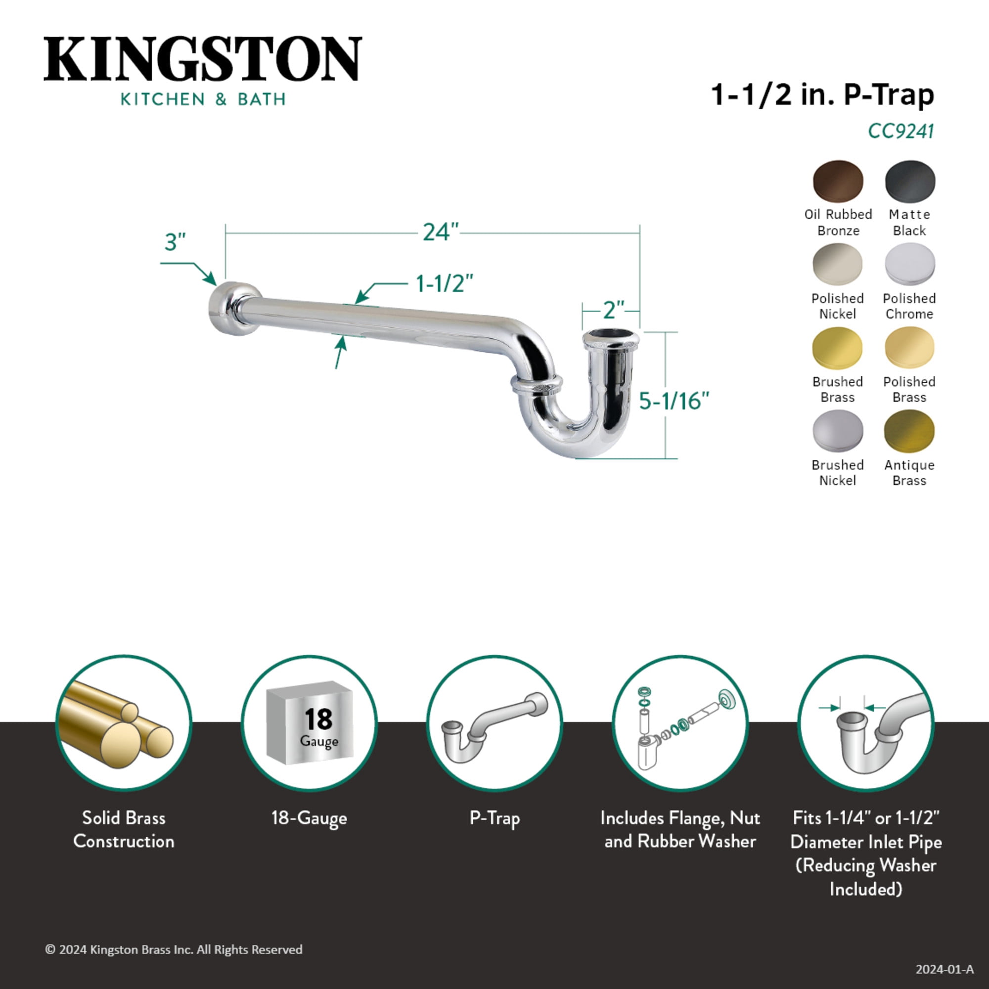 Kingston Brass CC9243 1-1/4" (or 1-1/2") x 1-1/2" P-Trap with Box Flange, 24" Length, 18 Gauge, Antique Brass