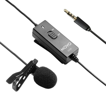 Movo LV10 Battery-Powered Lavalier Clip-on Omnidirectional Condenser TRRS Microphone for Apple iPhone, iPad, iPod and Samsung Galaxy Smartphones, Cameras, Camcorders, Recorders