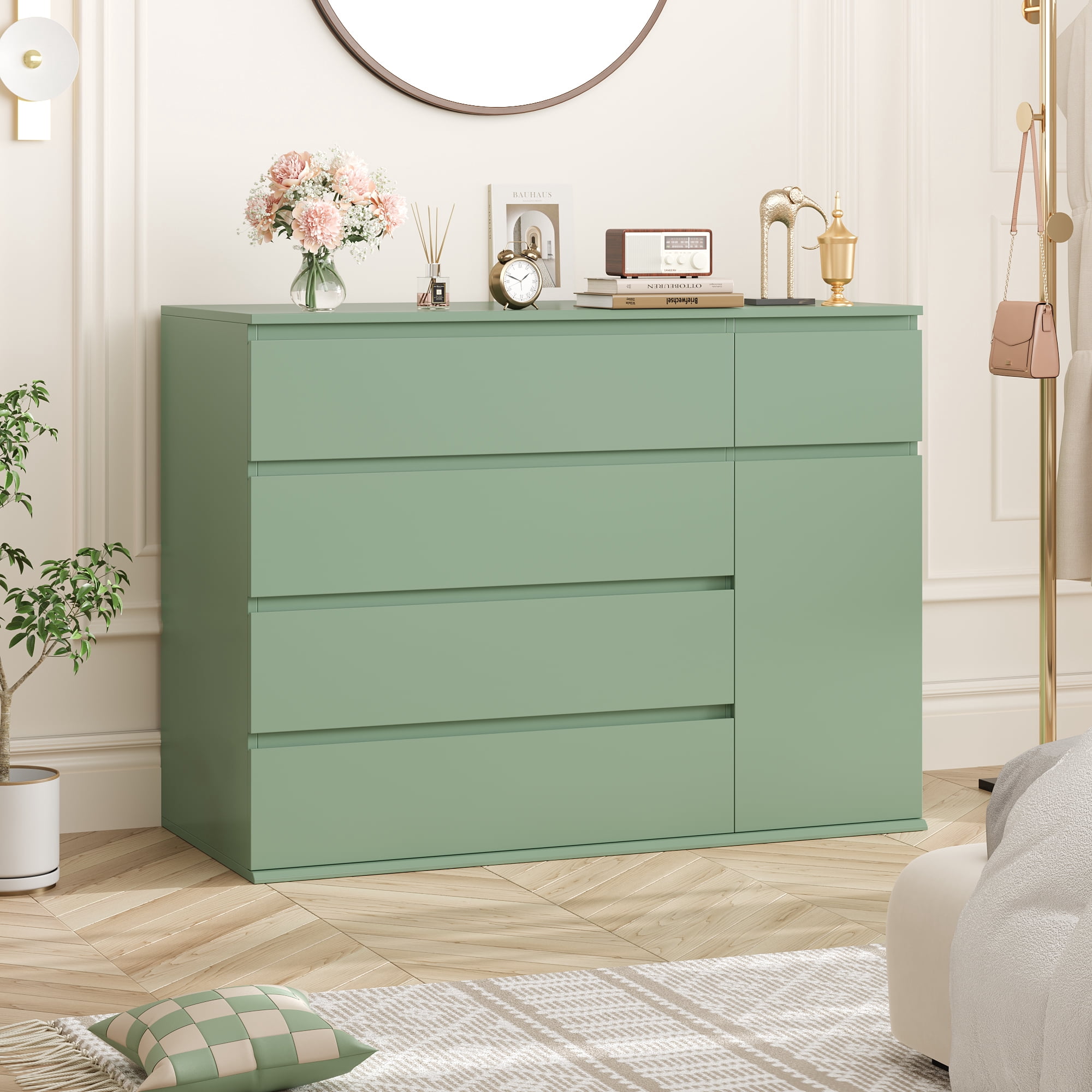 Homfa 5 Drawer Dresser with Door, Modern Accent Storage Cabinet Chests of Drawers for Bedroom Living Room, Green