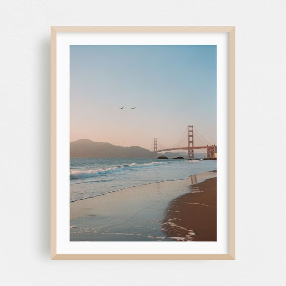San Francisco Beach Sunset II - San Francisco California Photography Bridge Seascape Sunset Landscape Ocean Coast Beach Oak Framed Wall Art Print 12 x 16 inches