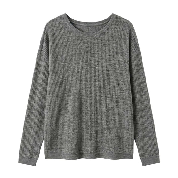 Htigea Women's Crew Neck Long Sleeve T Shirts Waffle Knit Tops Baggy Drop Shoulder Pullover Shirt Casual Daily Weekend Going Out Tees Gray S