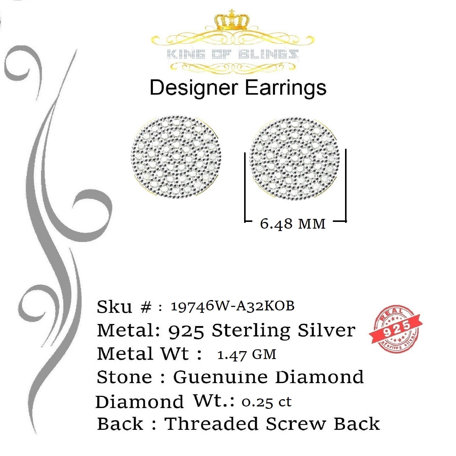 King of Bling's 925 Sterling Silver White 0.20ct Diamond For Men's/Women's Stud Round Earrings