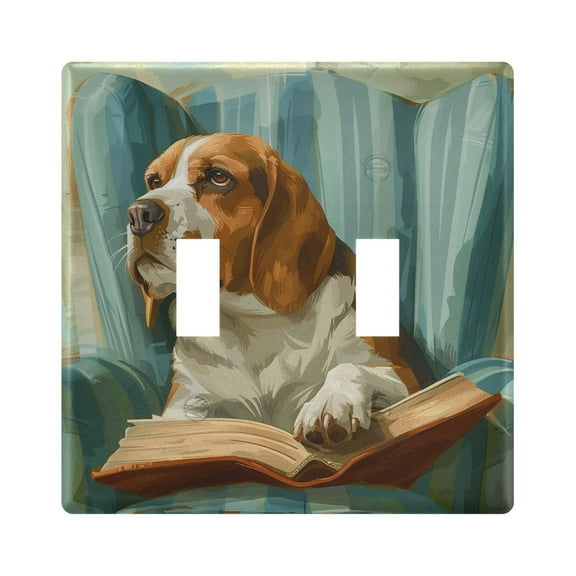 2 Gang Light Switch Cover Plate Beagle Dog Read Book on Chair Wall Plate Decorate Electrical Outlet Cover Plates 4.56”x4.48”