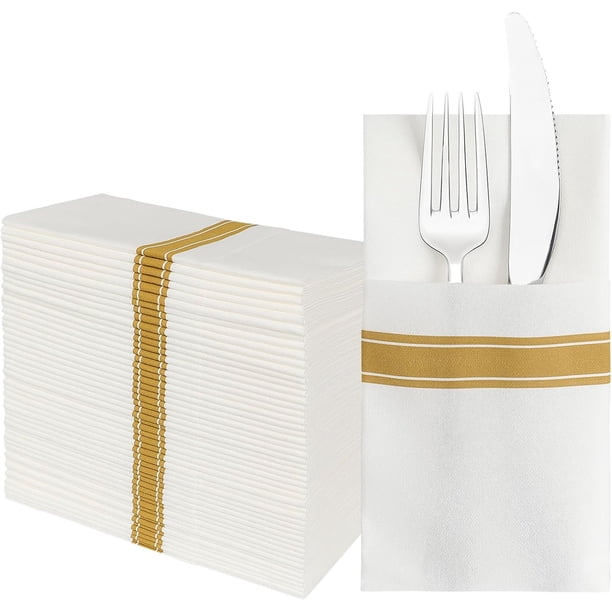 Paquete de 50 servilletas desechables de tacto de lino, bolsillo integrado para cubiertos, servilletas decorativas de boda, tela doblada como servilleta de fiesta, suave, fuerte, absorbente