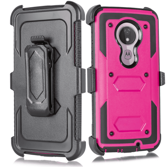 for T-Mobile Revvlry Plus, Moto G7/ G7 Plus Case Phone Case Dual Layer Full-Body Rugged Clear Back Case Drop Resistant Shockproof Case with Built In Screen Protector (Pink)