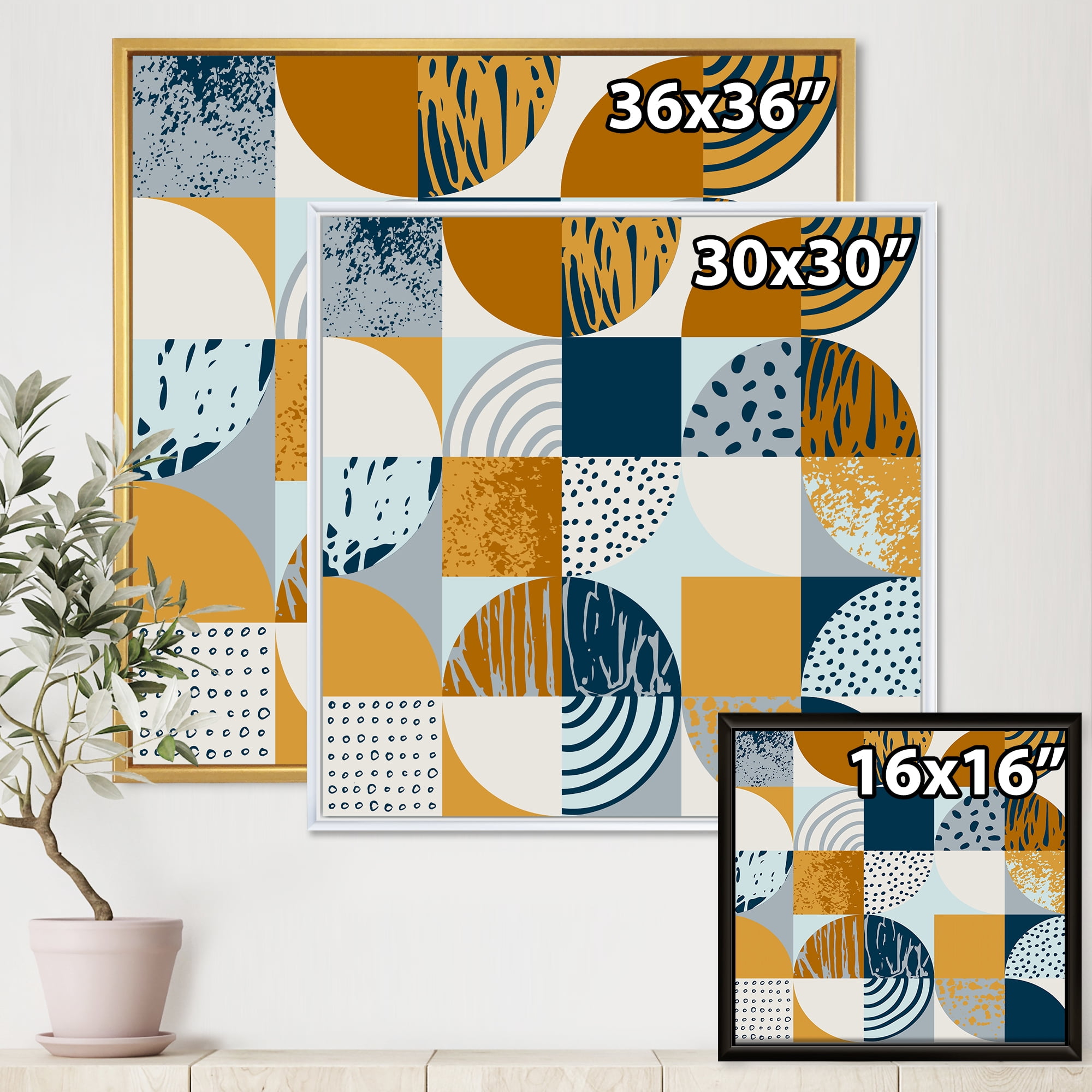 Designart 'Retro Semicircles Squares and Circles' Modern Framed Canvas Wall Art Print