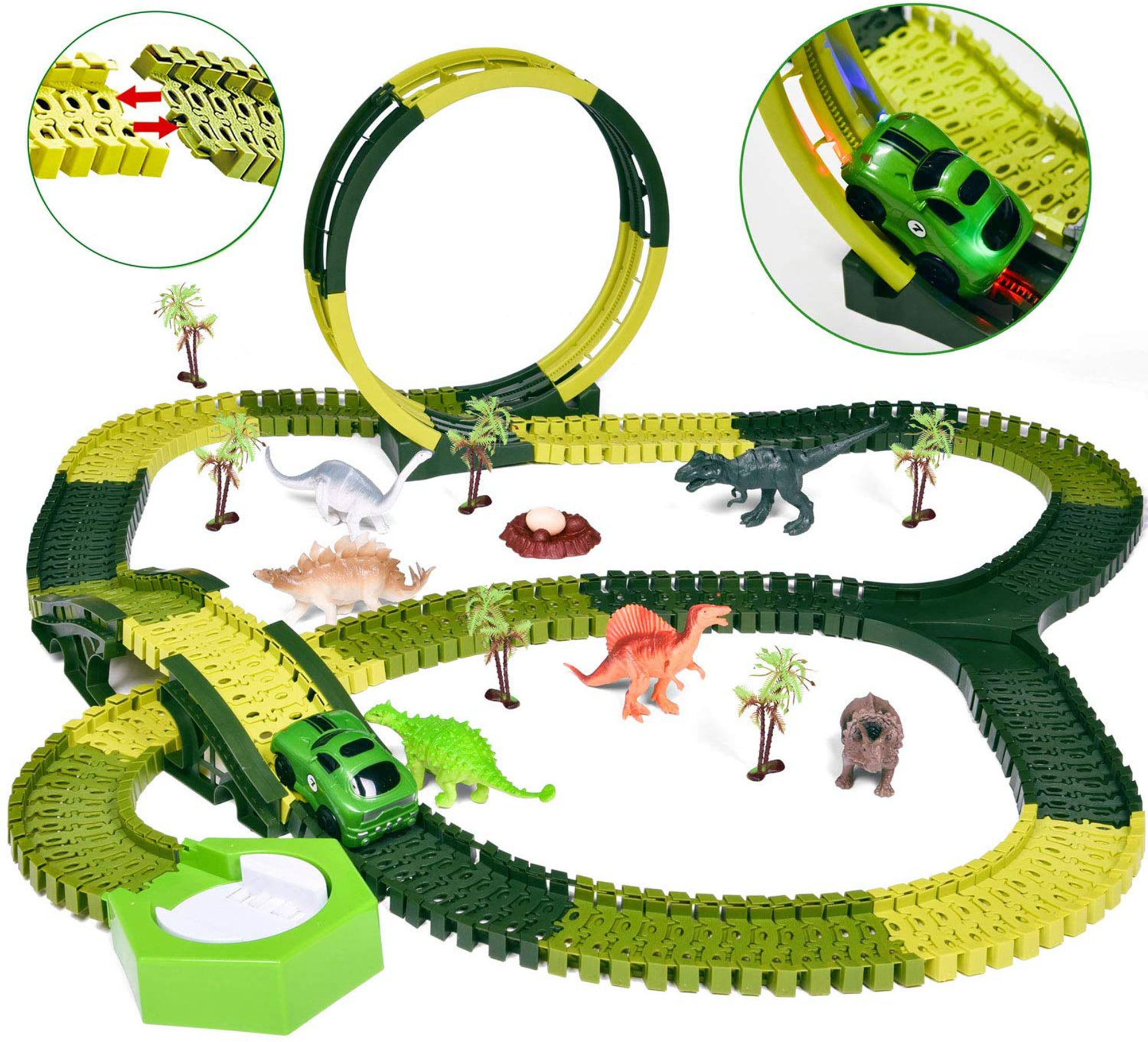 Dinosaur World Race Flexible Track DIY Racing Game Playset Light Up Car Toy Kids 
