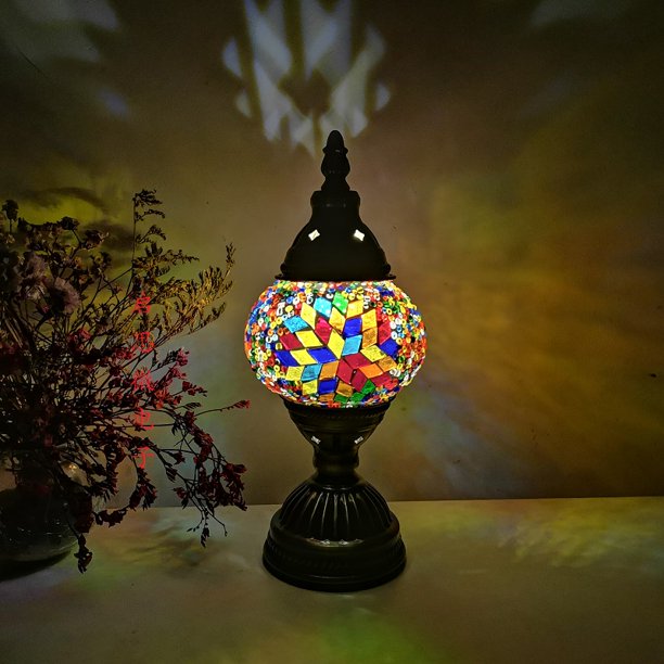 2025 Lámpara de mesa de mosaico turco, luz de cama romántica de vidrio artesanal, art deco vintage con mosaicos