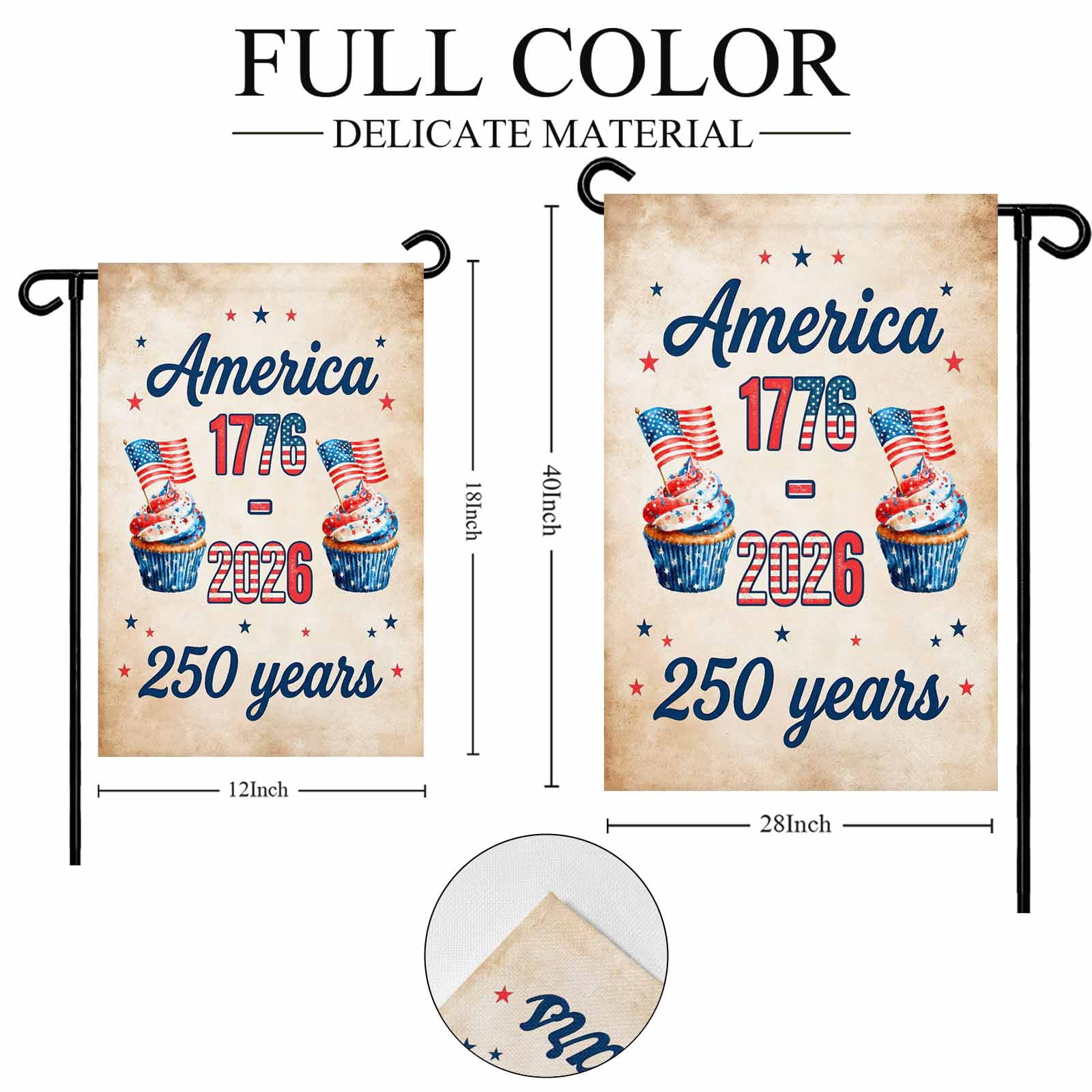 4th of July Garden Flags America 250 Years Garden Flag Double Sided Welcome Flag Cupcakes USA Flag Retro Independence Day Yard Flags for Outdoor Lawn Porch Memorial Day Holiday Decor 28x40 Inch