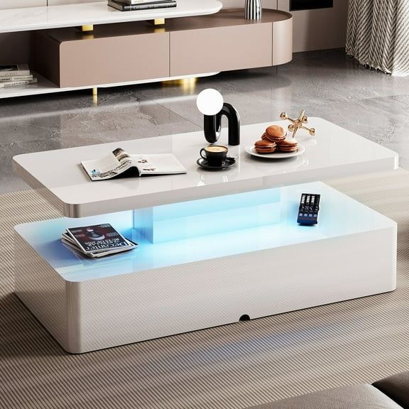 Spurgehom Contemporary Coffee Tables for Living Room, LED Coffee Table with Rounded Corner in 16 Colors, High Gloss 2 Tiers Table with Hidden Power Supply