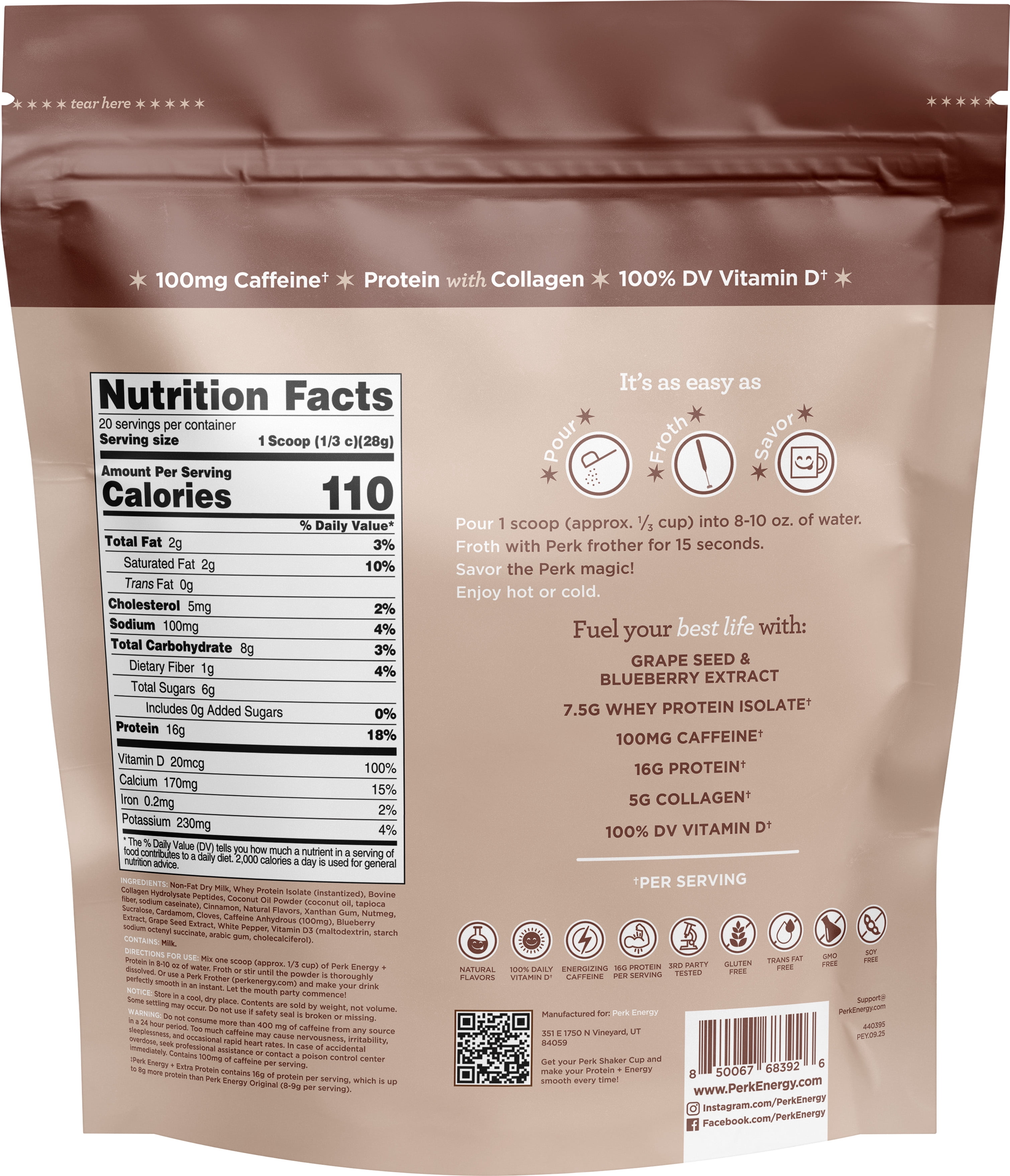 Perk Energy + Extra Protein Powder (1.3 LB) Chai Latte - Witney Carson Collaboration - 100mg of Caffeine, 16g of Protein with Collagen, 20 Servings
