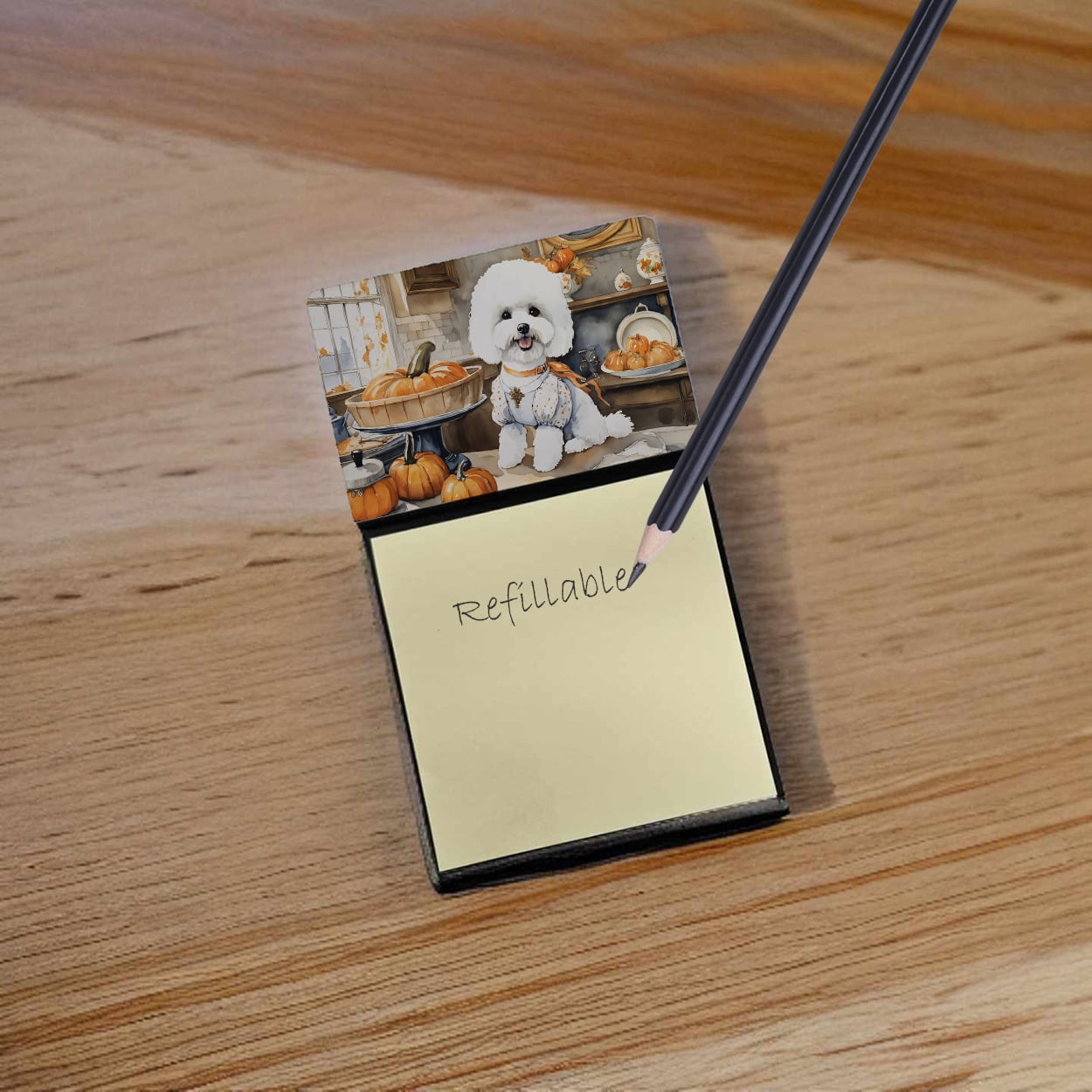 Bichon Frise Fall Kitchen Pumpkins Sticky Note Holder 3.25 in x 5.25 in