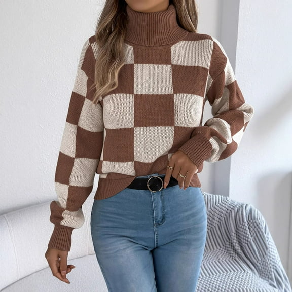 DAFPZW Women's Casual Turtleneck Sweater Long Sleeve Checkered Pullover Knit Jumper Tops