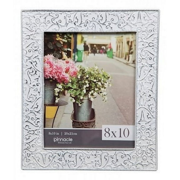 White-Wash Metallic w Stamped Vine Pattern 8x10 frame by Pinnacle - 8x10