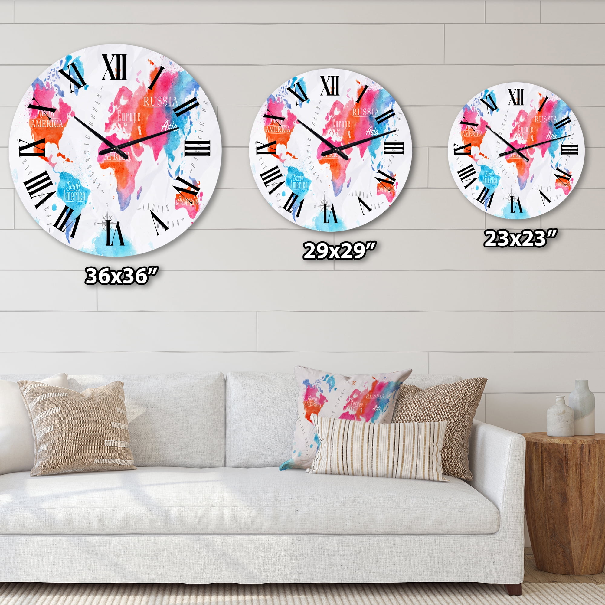 Designart 'World Map In Pink And Blue' Modern Wall Clock
