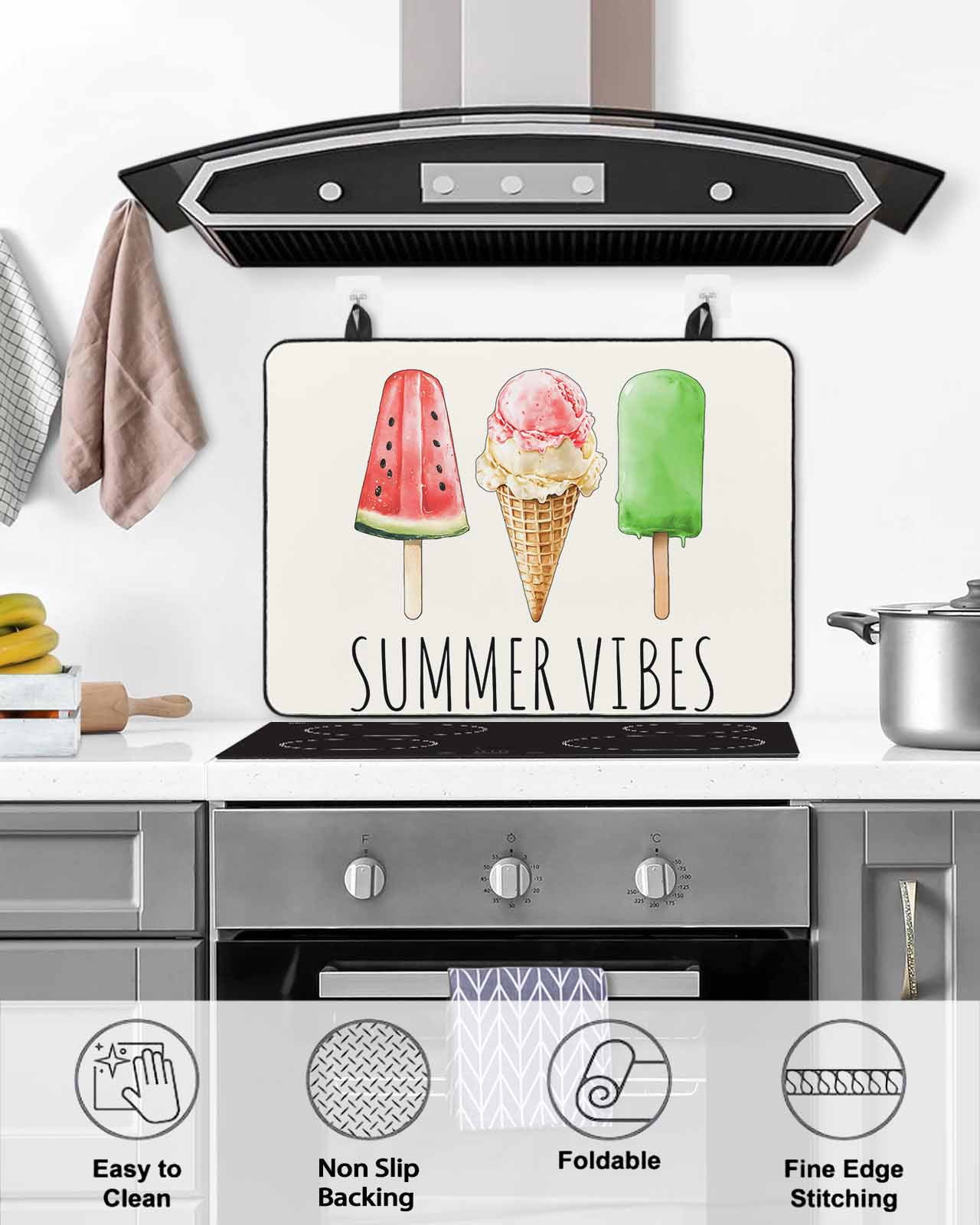 nqOlkjepod Large Induction Cooktop Protector Mat 24"x21", Summer Ice Cream Stove Top Covers for Electric Stove, Beige Dessert Watermelon Decorative Stove Burner Cover Mats, Glass Top Stove Cover