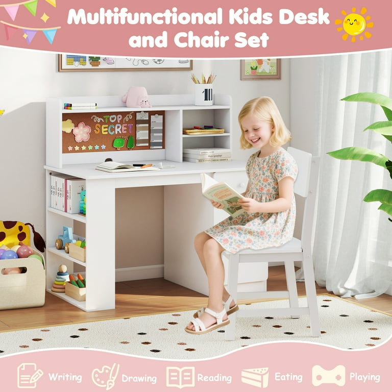 Gymax Kids Desk & Chair Set w/Chair Hutch 3-Layer Side Shelf