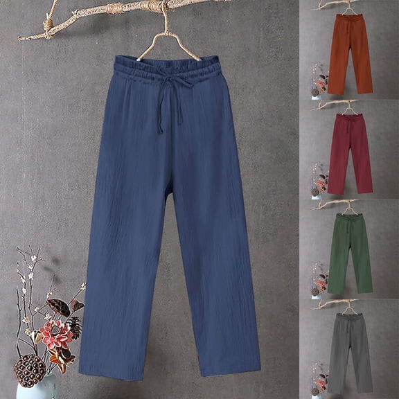 Thousandth Women's Plus Size Pants Casual Cotton Loose Fit Pants Drawstring Elastic Waist Wide Leg Lounge Trousers Comfy Relaxed Vacation Bottoms with Pockets
