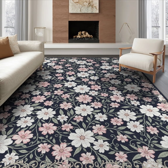 ODIKA 8'x10' Washable Area Rug Scatter Delicate Pink Scroll Motif Boho Entryway Decorative Entry for King Size Bedroom Under Bed, Master Suite, Non-Shedding, Easy Care
