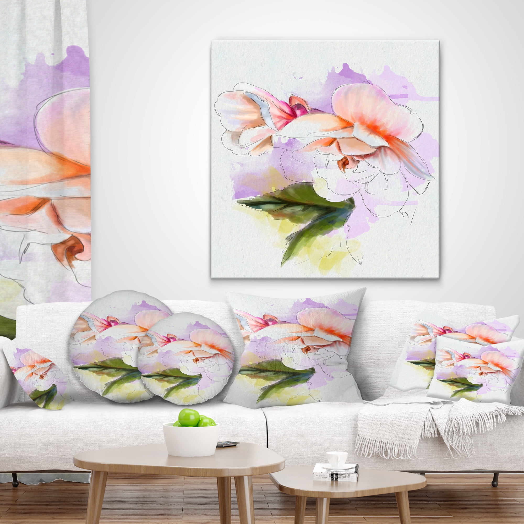 Designart White Begonia Flower Watercolor - Floral Throw Pillow - 18x18