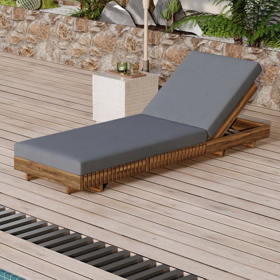 Gearwell Chaise Lounge Set, Acacia Solid Wood Outdoor Patio Lounger with Dark Grey Lounge Cushion, Sunbed Recliner for Backyard Poolside Deck Garden Outdoor Seating