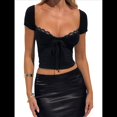 thumbnail image 1 of Camiseta Ajustada con Ribete de Encaje para Mujer, Mangas , Lazo Frontal, Tops Texturizados de Fiesta Y2K Negro S, 1 of 8