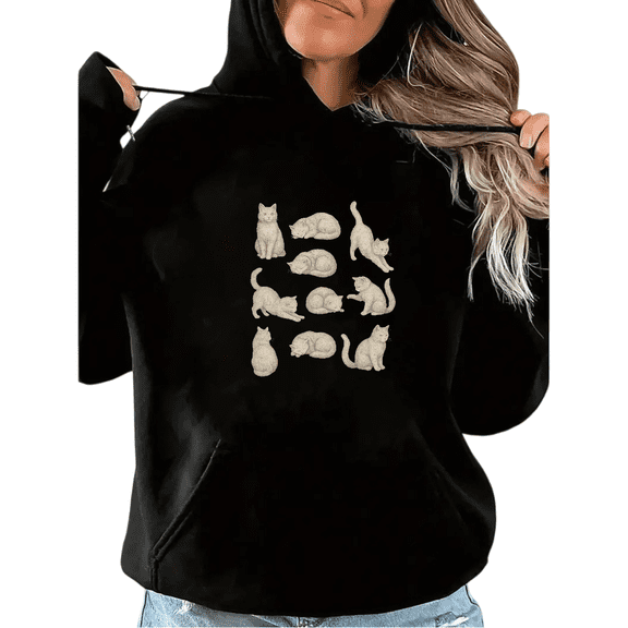 Women's Cat Pattern Grid Graphic Comfortable Hoodie Top Casual Breathable Hooded long-sleeved Black S-2XL