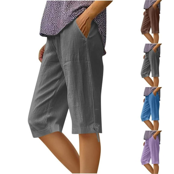 FRSASU Women's Cotton Linen Knee Length Pants with Pockets Fashion Casual Loose Solid Elastic Waist Sport Trousers Purple XL(XL)