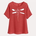 thumbnail image 4 of lcziwo Summer Tunic Tops for Women Lightweight Comfy Cotton Linen Shirts Fashion Dragonfly Print Blouses Loose Fit Short Sleeve Tees Limited Time Sales of The Day Red M, 4 of 8