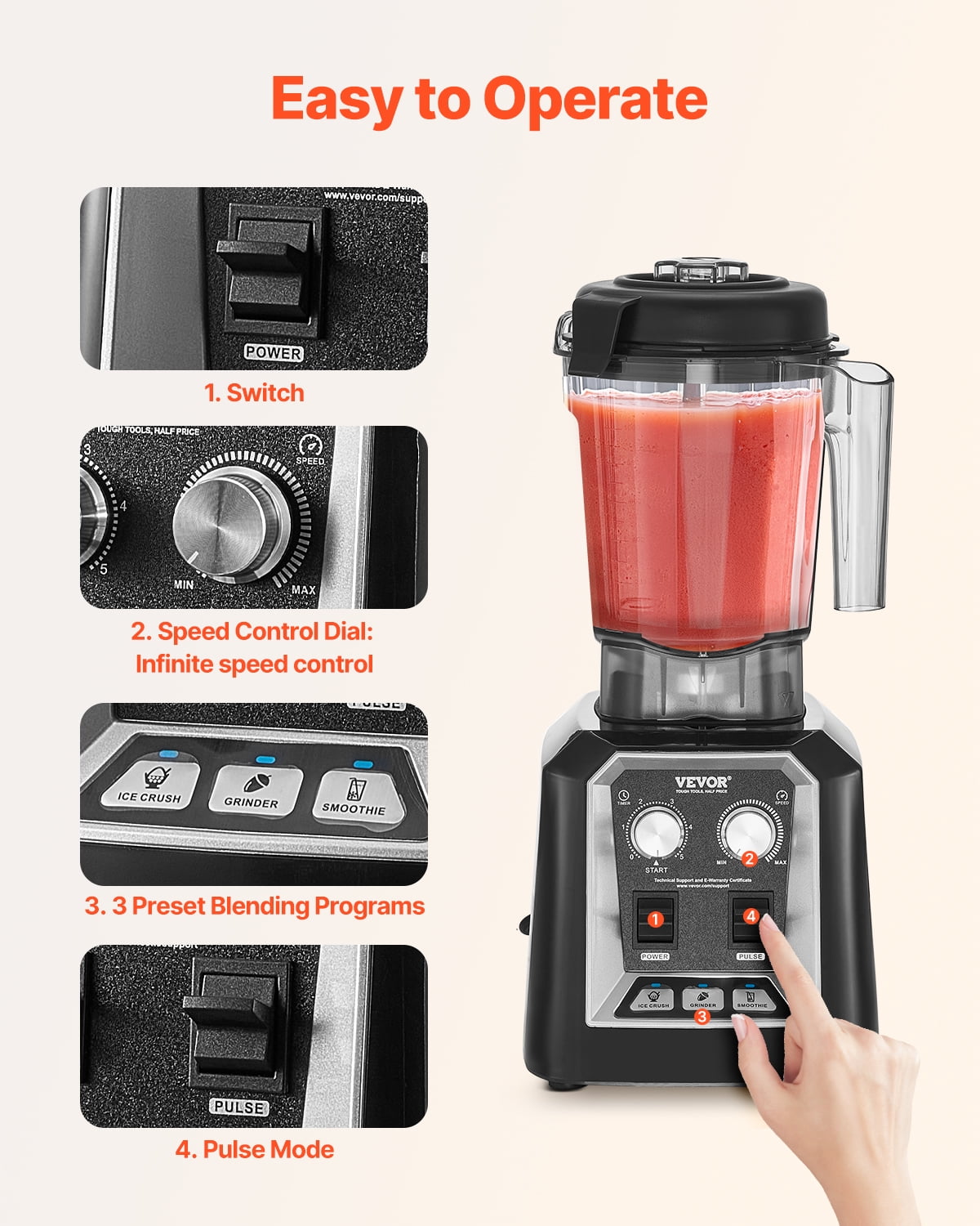 VEVOR Blender for Smoothies, 68 oz 1400W, Professional Blender with Powerful Motor, Multi-Functional Food Processing Blender with Grinder Container for Smoothie/Milkshake/Juice, Fits for Kitchen