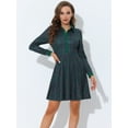 thumbnail image 3 of Vestido camisero a cuadros con cuello de punto en contraste y manga larga acampanada para mujer Verde L, 3 of 5