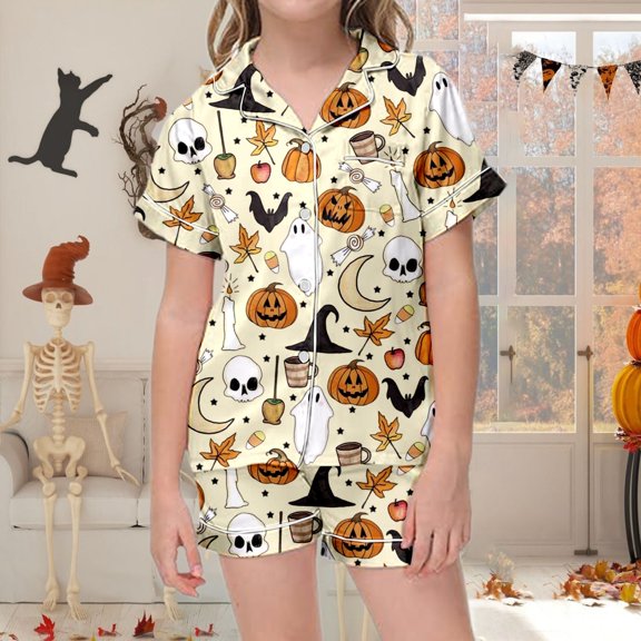 BOOMNY Halloween Girls 2 Peice Pajamas Sets Hallowmas Pumpkin Ghost Graphic Short Sleeve Buttons Sleepwear Tops Shorts Pjs Set for Kids Cozy Loungewear Homewear