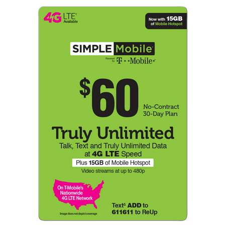 Simple Mobile $60 TRULY UNLIMITED 4G LTE** Data, Talk & Text 30 Day Plan w 10GB of Mobile Hotspot (Video typically streams at DVD quality). (Email