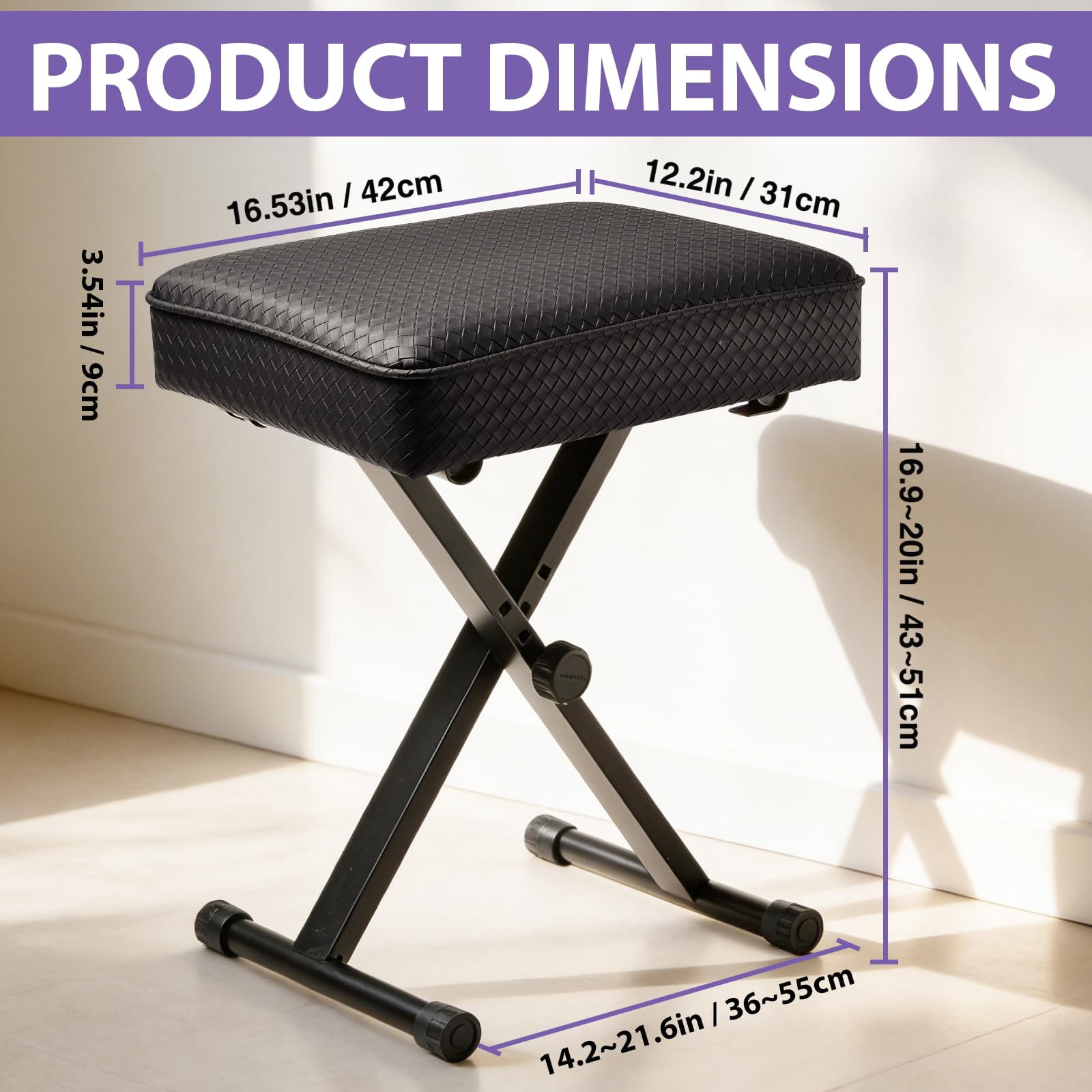 Adjustable Piano Bench Keyboard Stool - Extra Comfortable With 3.54 Inch Thickness Padded Cushion  X-style 3 Level Height Foldable&portable Chair Seat