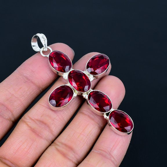 Mozambique Garnet 925 Sterling Silver Gemstone Oval Cross Pendant 3.2" VJ 319