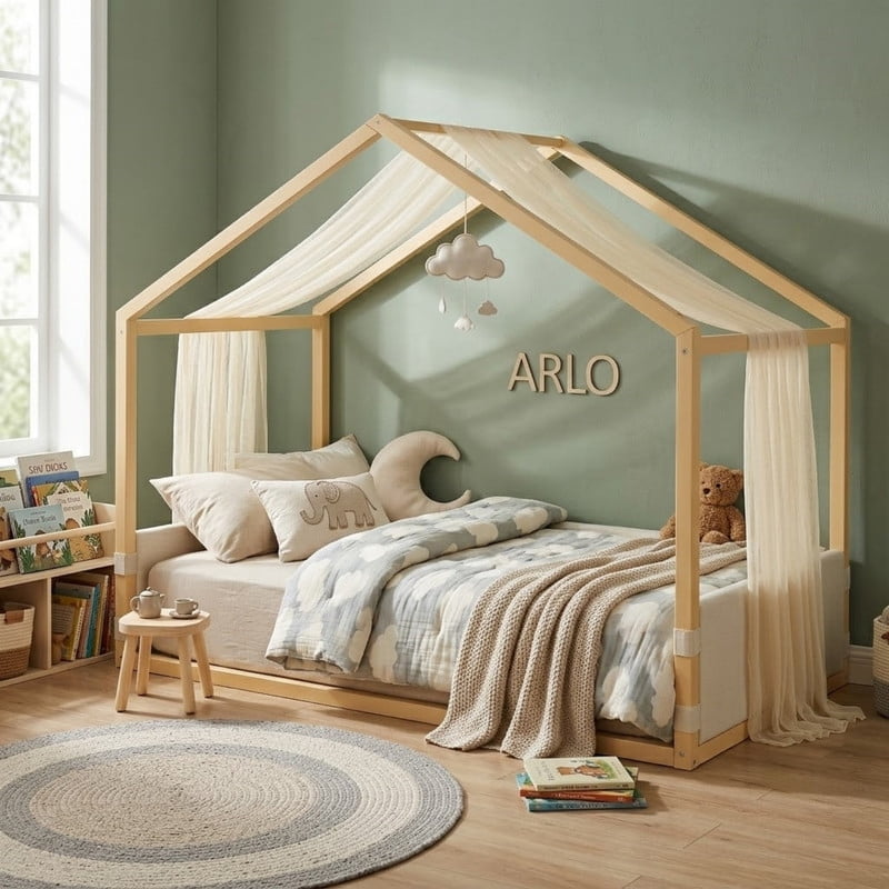 Twin Size Canopy Bed with Upholstered Velvet Side Panels and Breathable Gauze Canopy, Soft-Padded Platform Bed Floor Bed Kids Montessori Bed for Bedroom