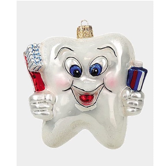 Happy Tooth with Toothbrush Polish Glass Christmas Ornament Dentist Decoration