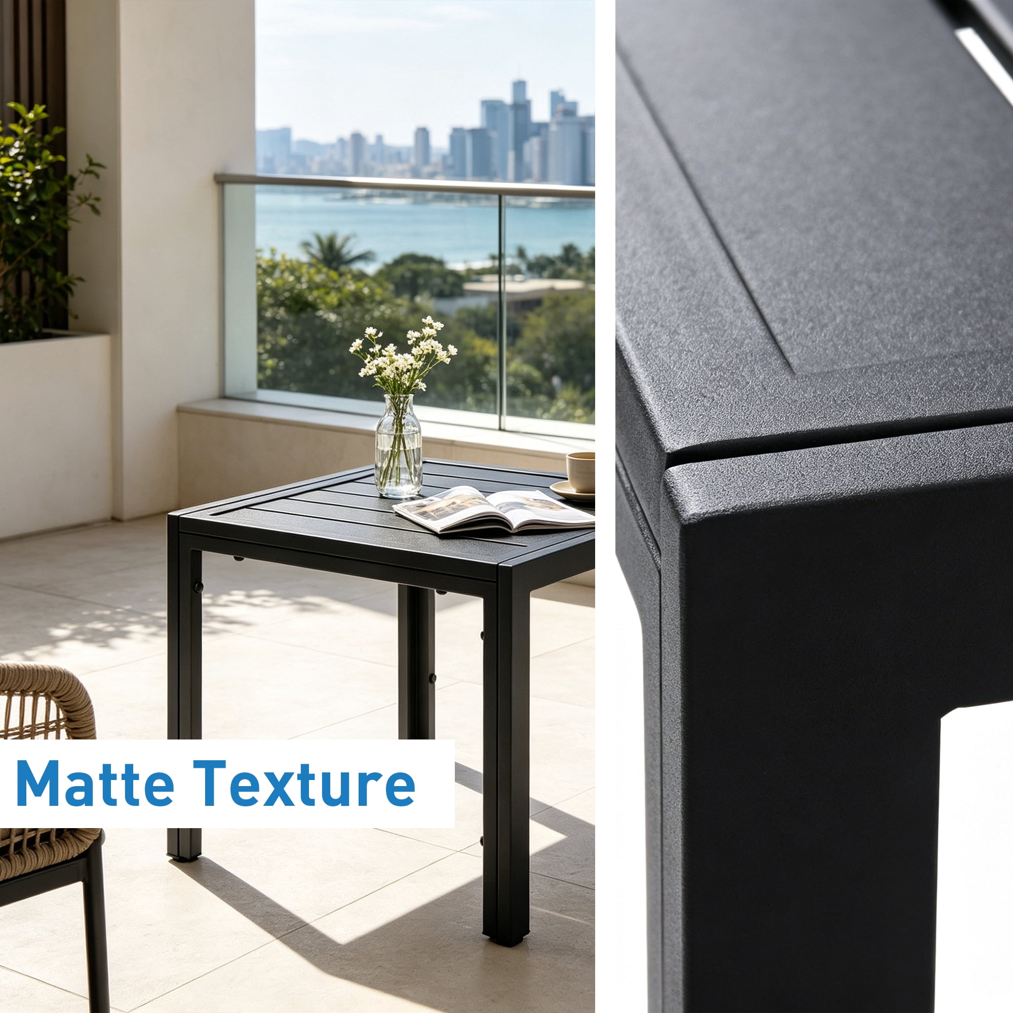 Abble 20 Inch Square Outdoor Side Table, Black Metal Patio End Table with Slatted Tabletop, Weather Resistant Steel Frame Outdoor Side Table for Garden, Porch, Deck, Backyard